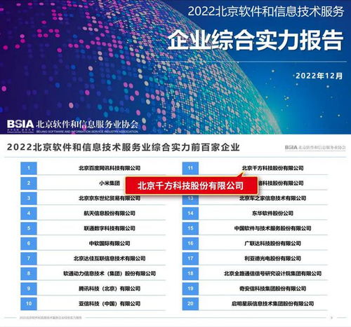 千方科技榮登北京軟件和信息技術服務業(yè)綜合實力百強企業(yè)榜單